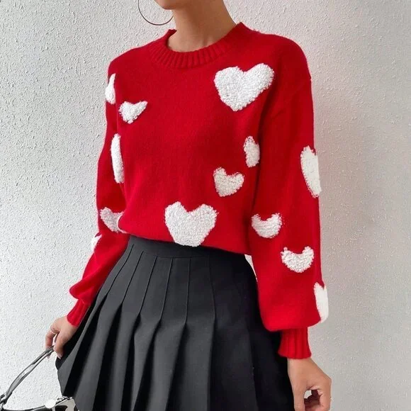 Red Casual Womens Heart Knit Drop Shoulder Sweater - Picture 4 of 5